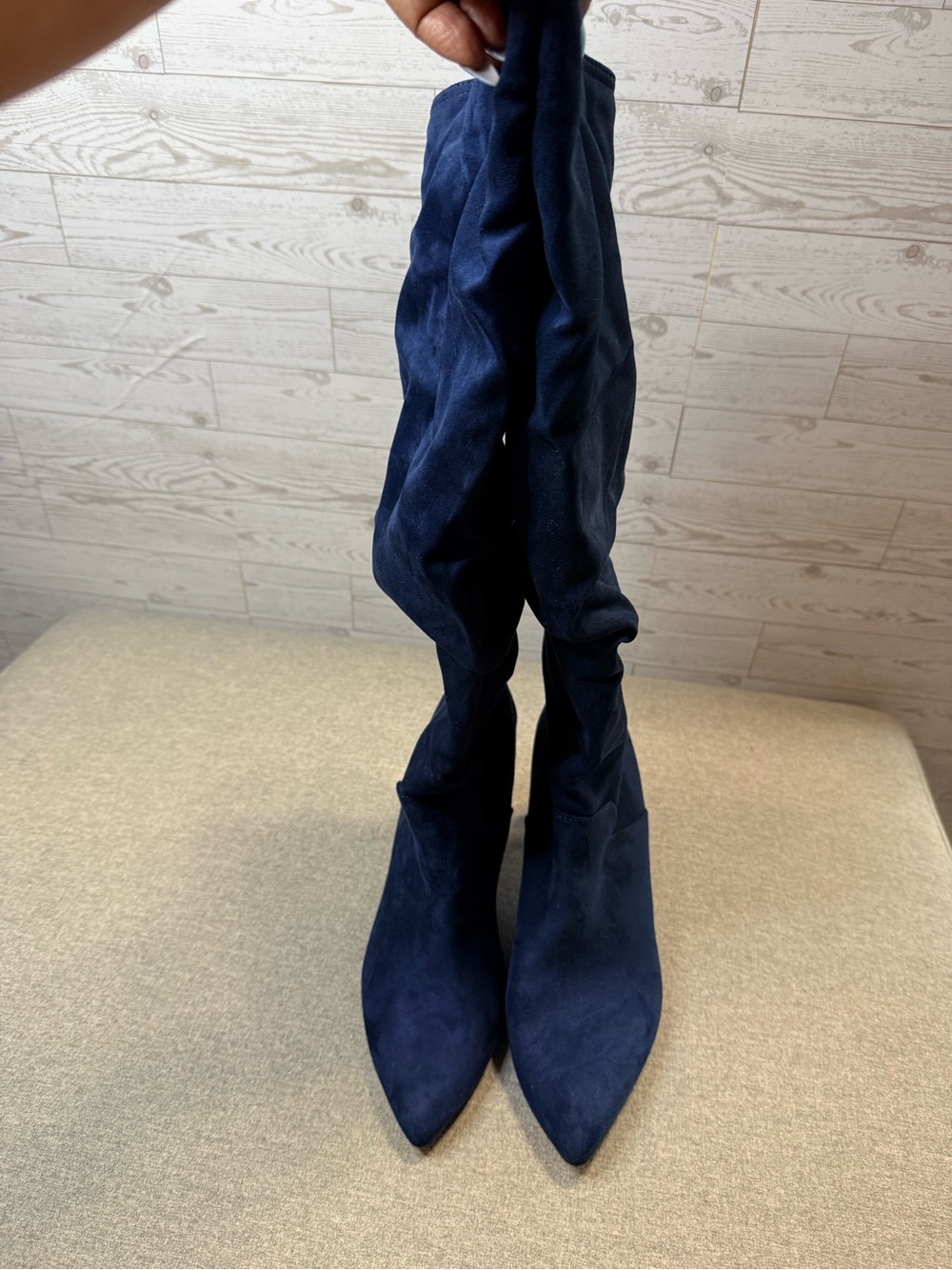 Slim Pointed-Toe Over-the-Knee Boots in Navy